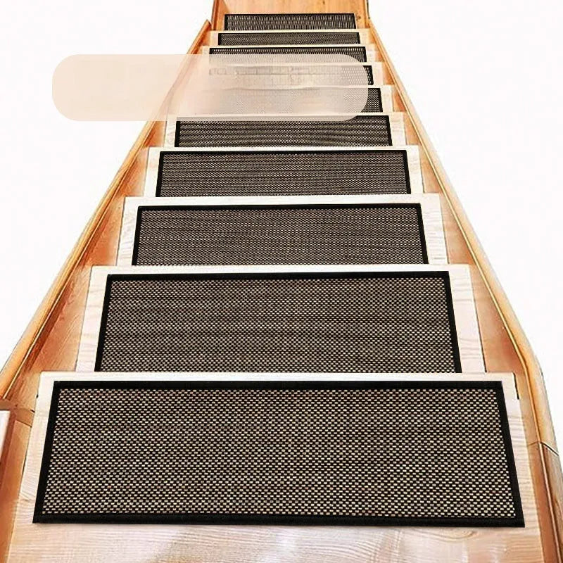 Japanese-style solid colour linen-like stair mat on wooden steps, 20cm by 76cm.
