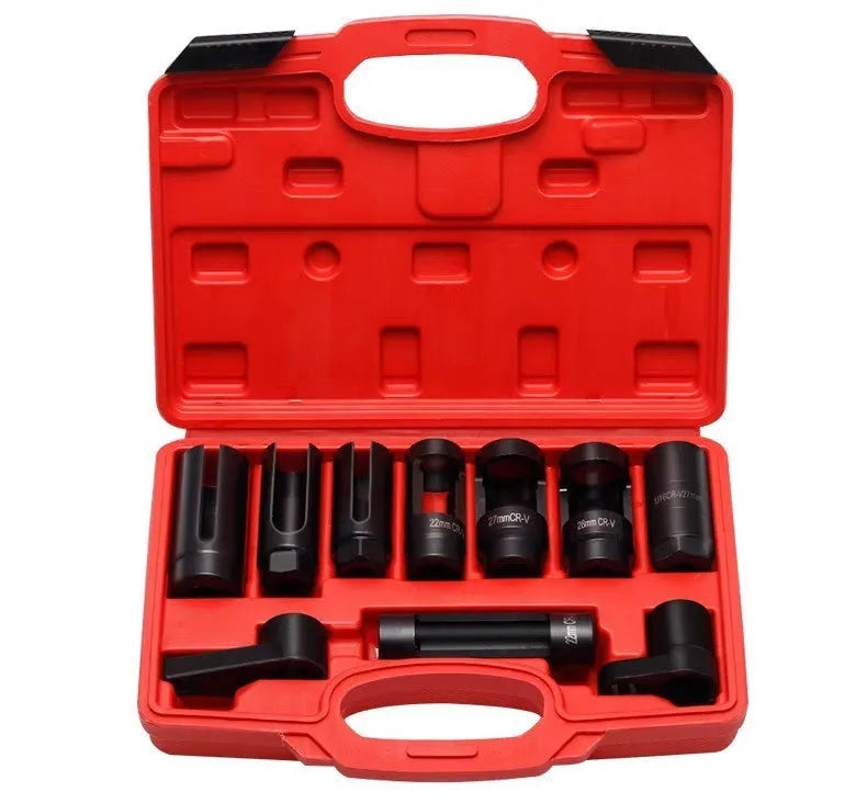 Oxygen sensor dismantling device chrome vanadium steel 7-piece sleeve set on grey background