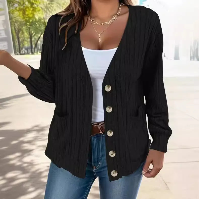 Women's loose fit V-neck long sleeve button front cardigan in light gray, available in sizes S to 5XL