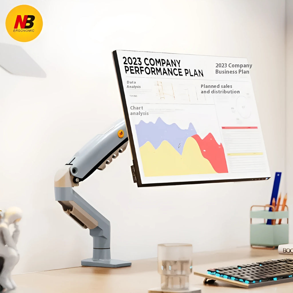 F80-XV gray robotic arm monitor bracket on desk with aluminium alloy frame and ABS plastic parts