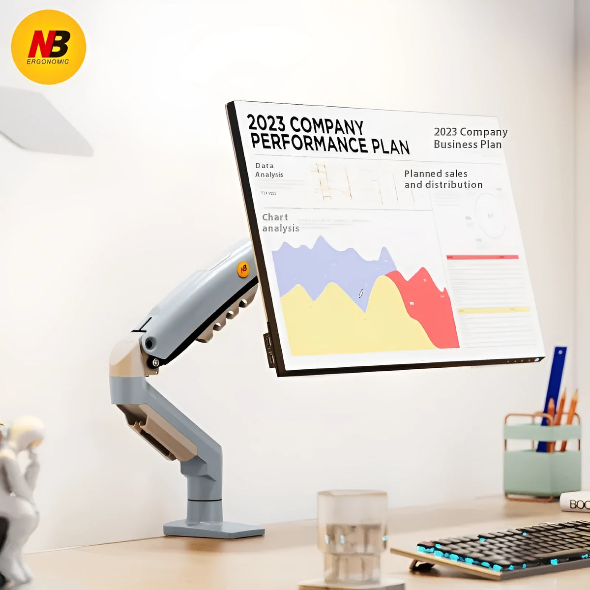 F80-XV gray robotic arm monitor bracket on desk with aluminium alloy frame and ABS plastic parts