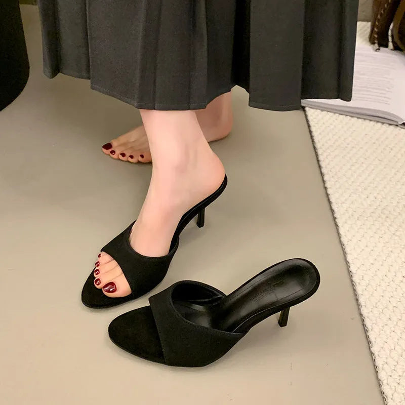 Women's suede high heel slippers fish mouth open toe in khaki and black sizes 35-43