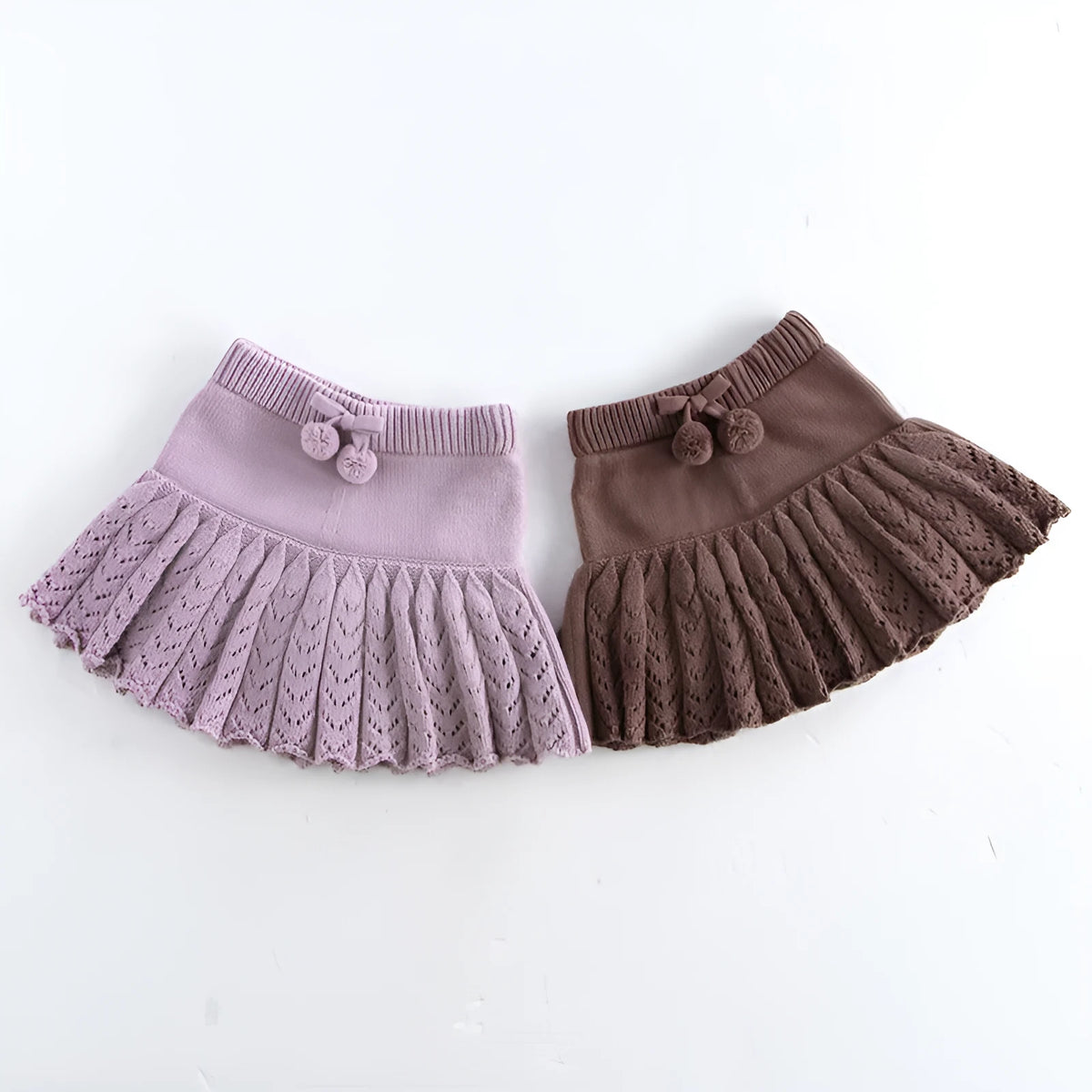 Girls' cotton pleated pantskirt in light grey purple, patterned coffee, or rust red, sizes 70cm to 110cm