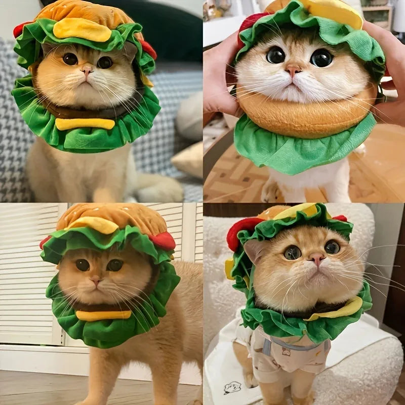 Burger-themed headdress collar for cats on adjustable cone base in three sizes