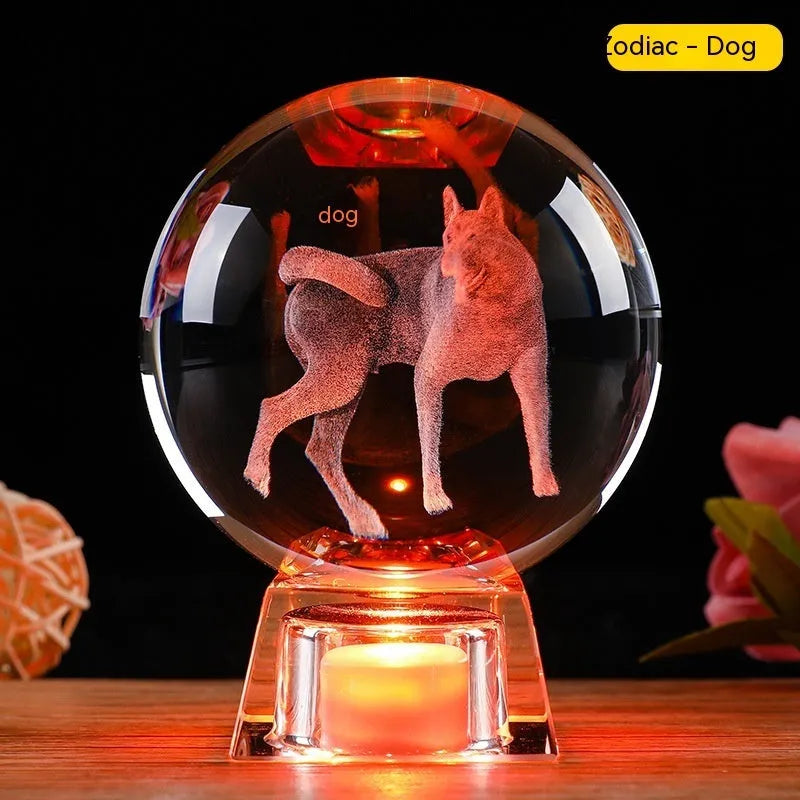 White crystal ball lamp with Chinese zodiac animal figurine on LED electronic base