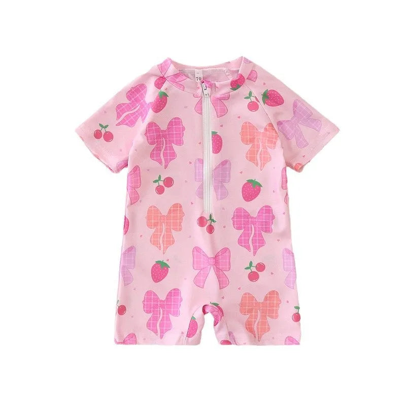 Bowknot girls' one-piece swimsuit in polyester with full cherry flower print for babies