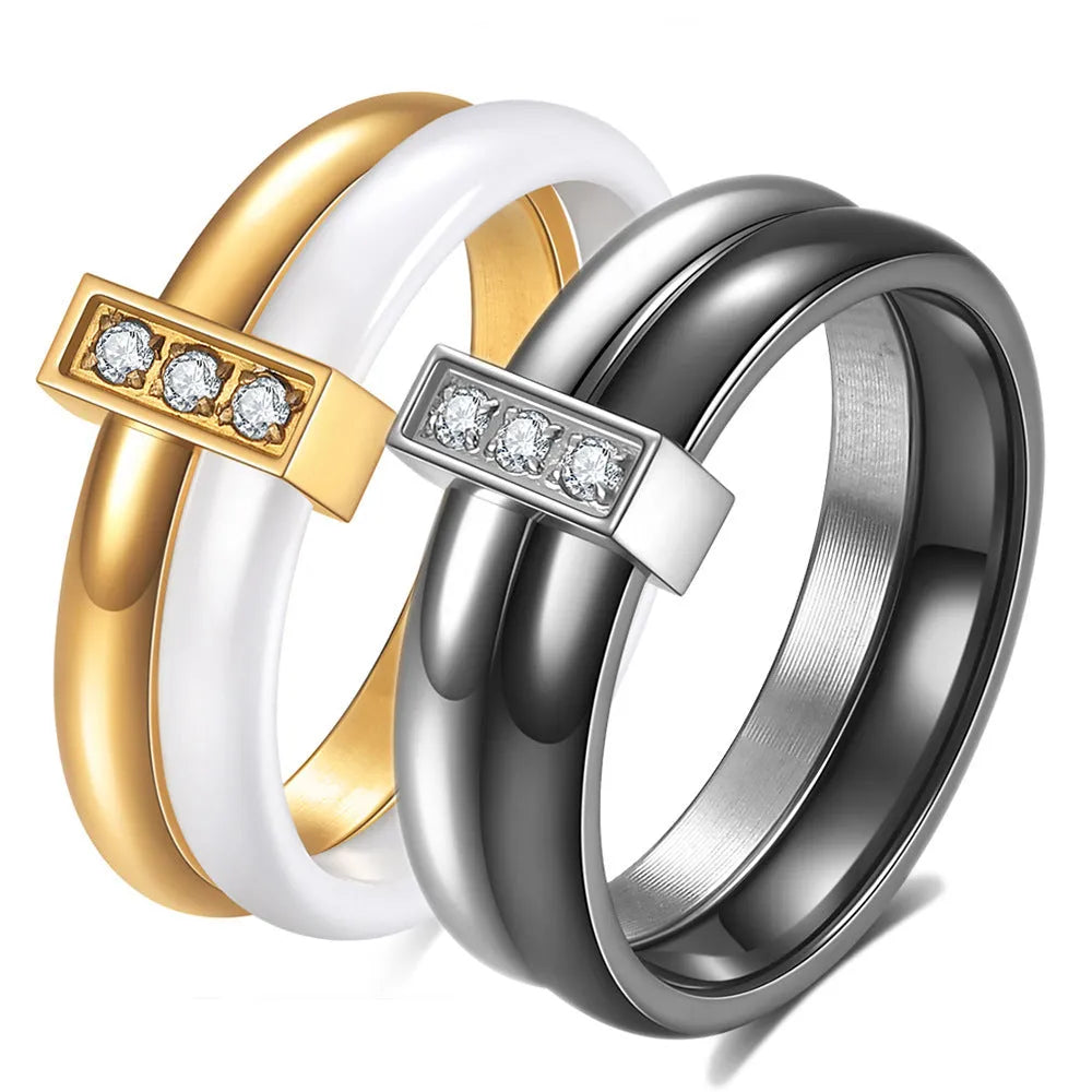 Geometric ceramic women's ring with round zirconium inlay and glossy stitching in steel black or golden white finish