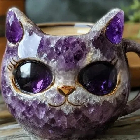 Purple geode texture resin mug with cat-shaped cup on wooden table.