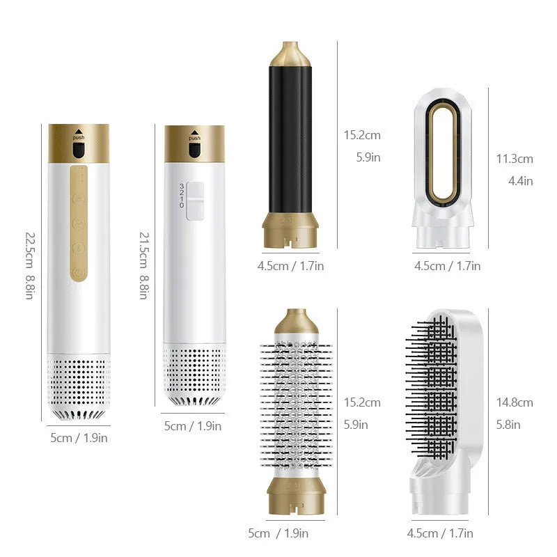 6-in-1 electric hot air styling comb with curling and straightening attachments in leather case