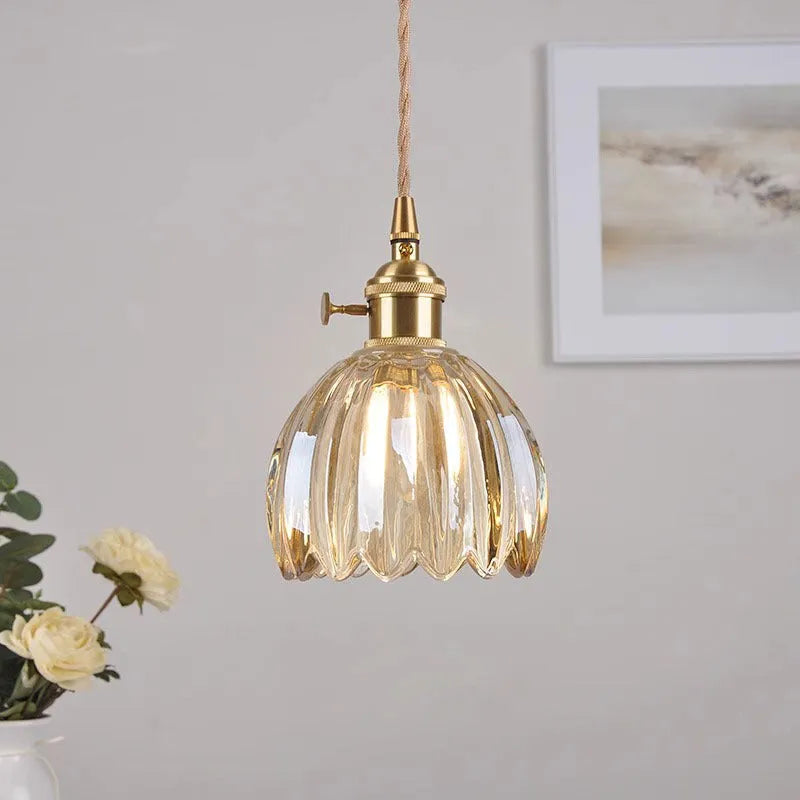 Nordic style bedside chandelier with a vintage glass flower shade in a choice of five colours.