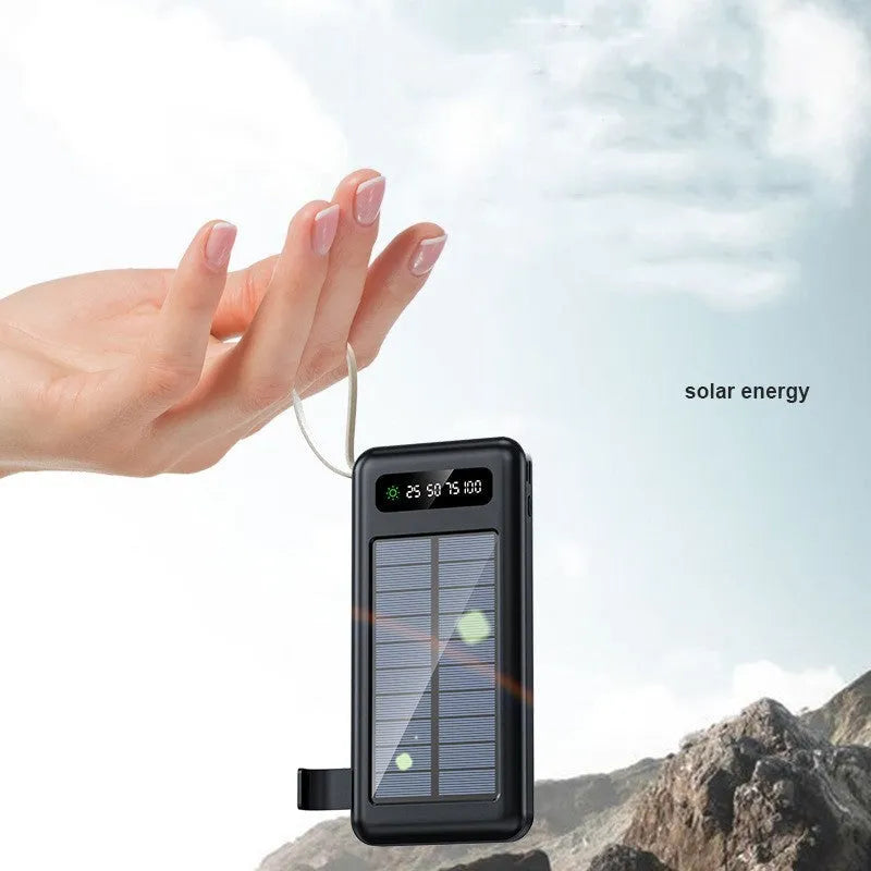 Solar power bank in black or white with solar panel, showing compact size of 144x68x16mm