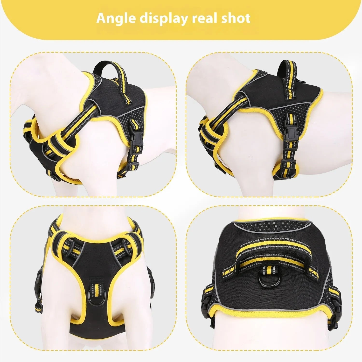 Yellow and orange polyester dog harness with traction strap for outdoor training control