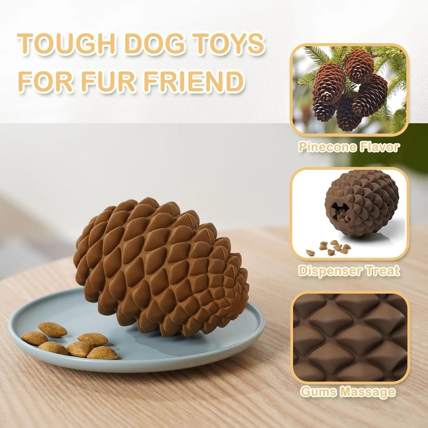 Yellow pine cone shaped tough rubber dog toy with treat dispenser for large dogs.