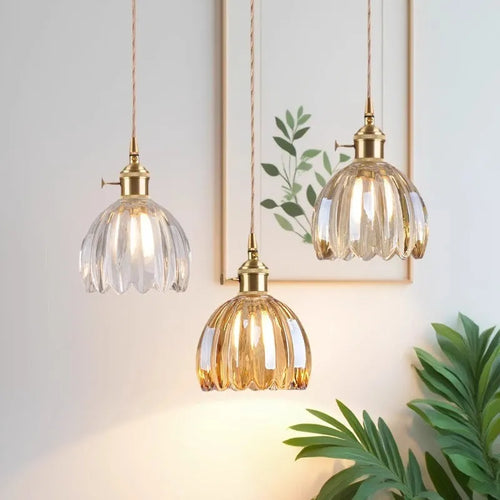 Nordic style bedside chandelier with a vintage glass flower shade in a choice of five colours.