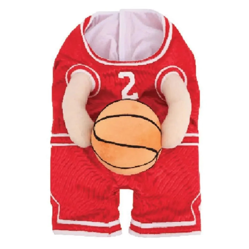 Creative dog basketball costume in red with ball, suitable for small medium large pets
