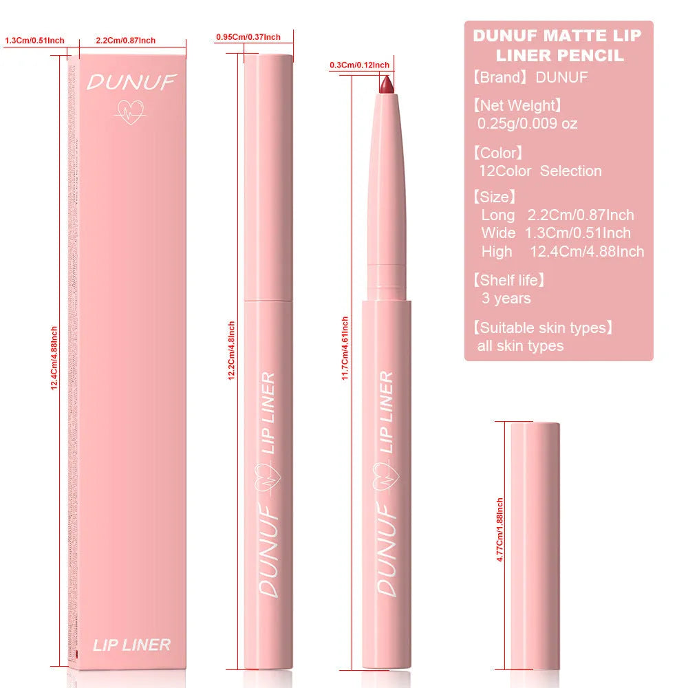 Set of twelve velvet matte lip liner pencils in a range of colours, shown with swatches.