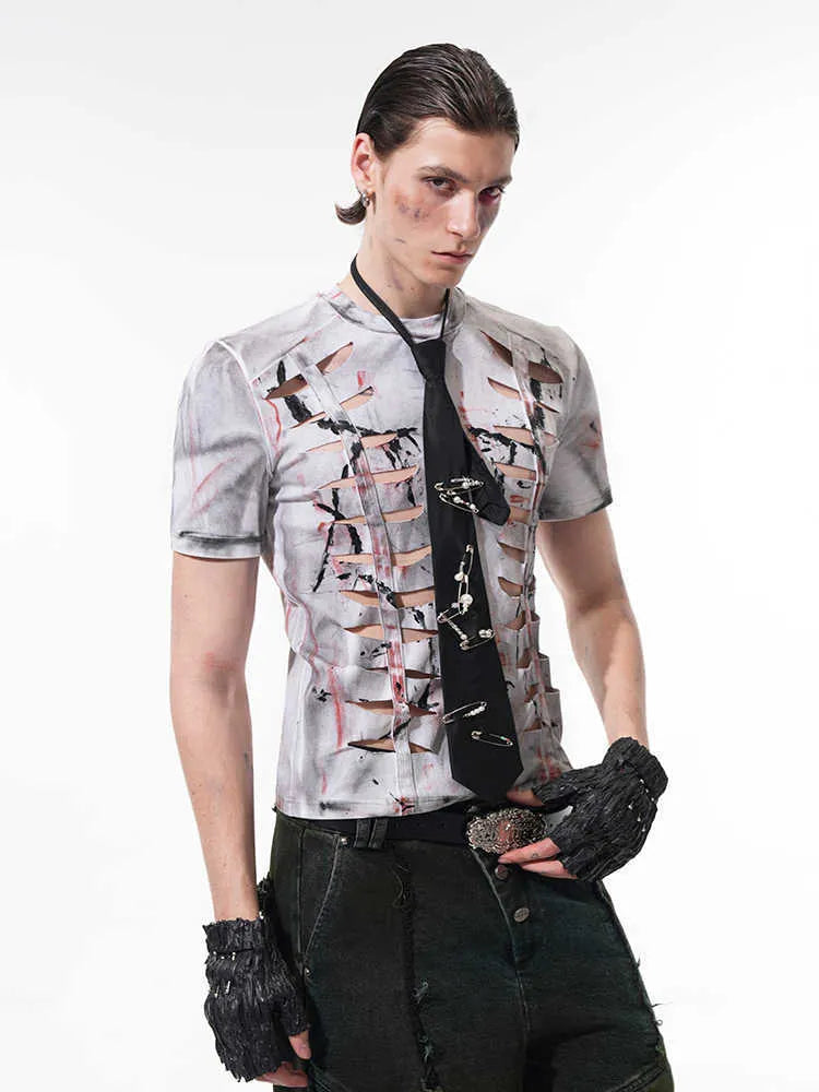 White men's cotton T-shirt with cut hollow-out design and short sleeves showing fitted silhouette