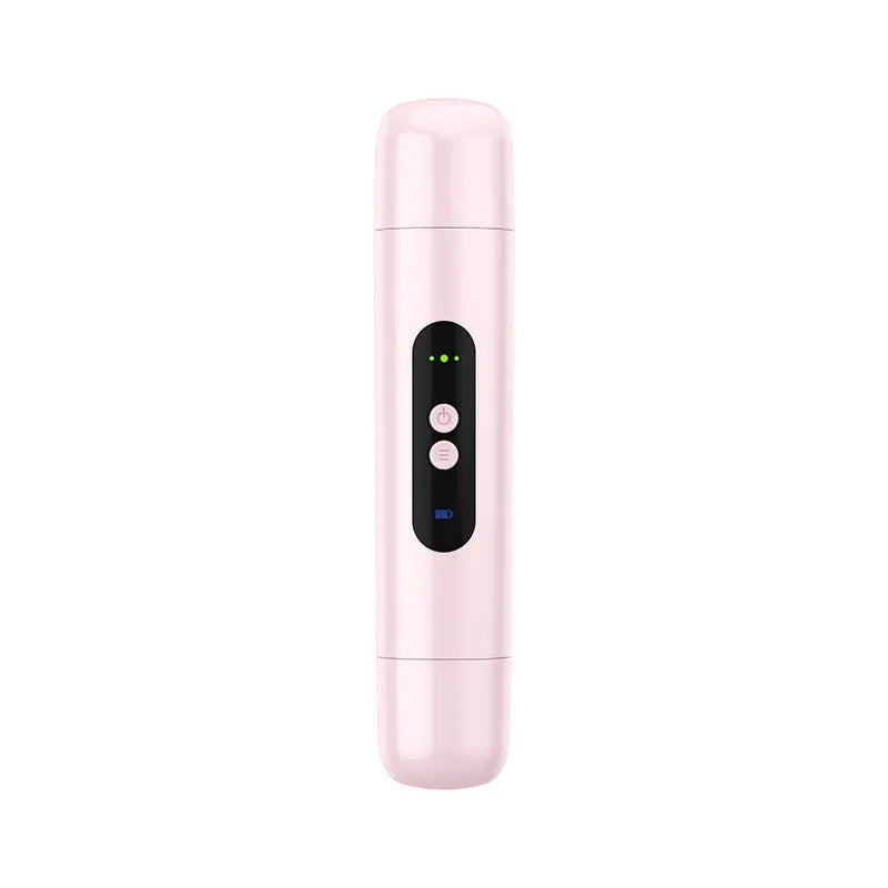 Pink and white portable electric body hair depilator with USB charging cable on a white background.
