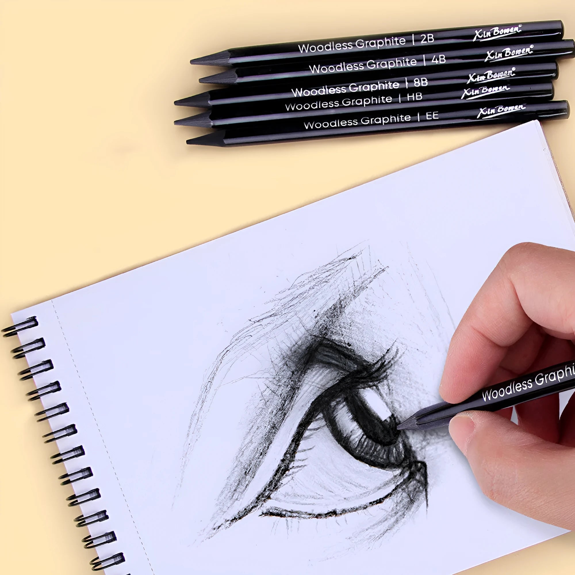Set of six wood-free graphite sketching pencils with HB, 2B, 4B, 6B, 8B, EE gradings for art.