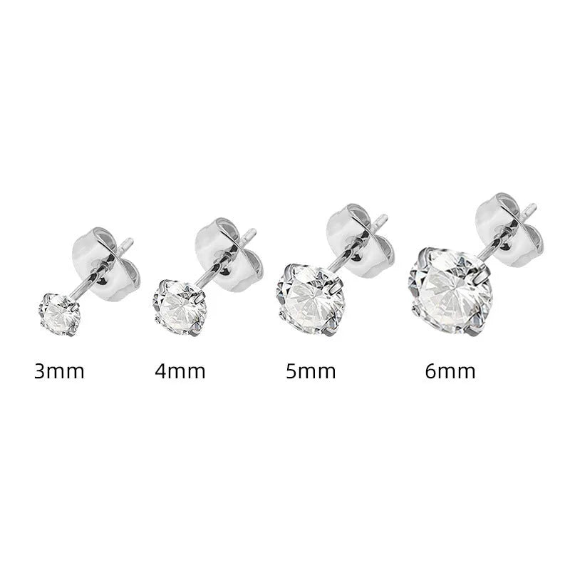 Titanium steel geometric stud earrings with square and round zircon stones in gold and steel colour finishes