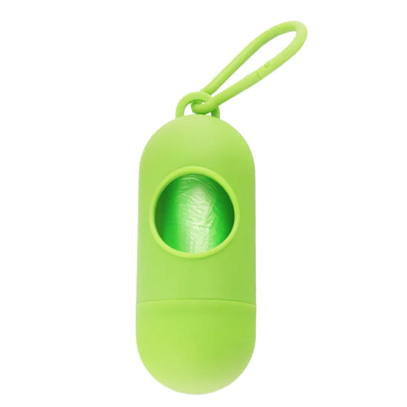 Small rectangular dog poop bag holder with a Velcro strap and metal hook, shown in a choice of colours.