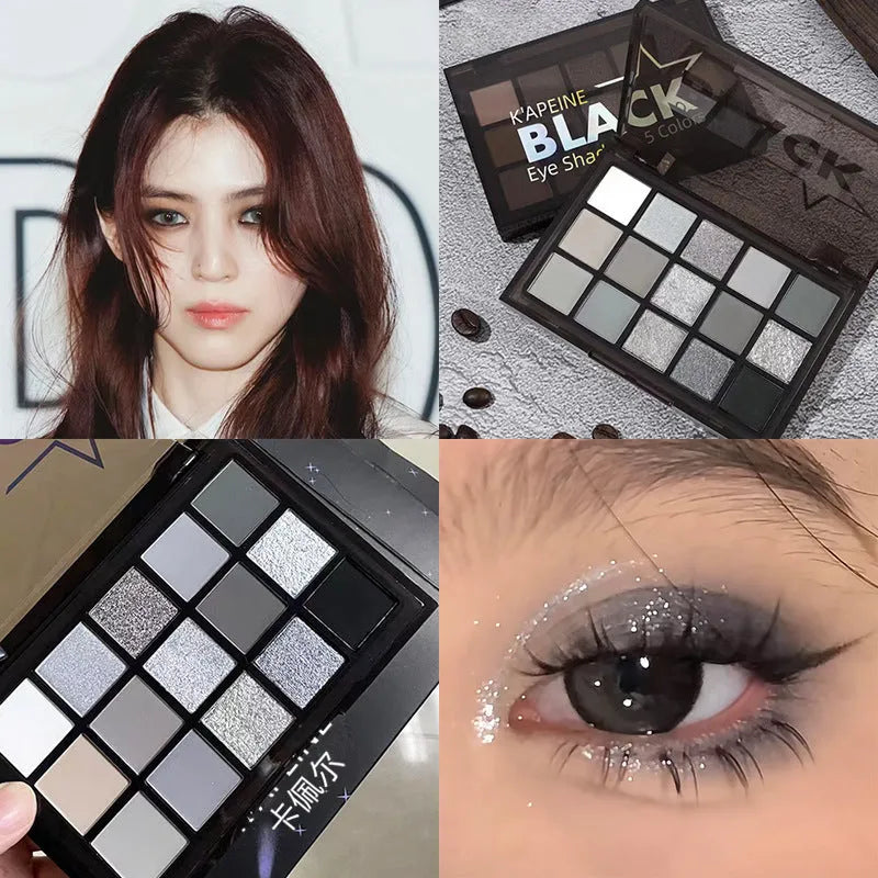 15-colour matte shimmer eye shadow palette with grey black shades for smoky makeup