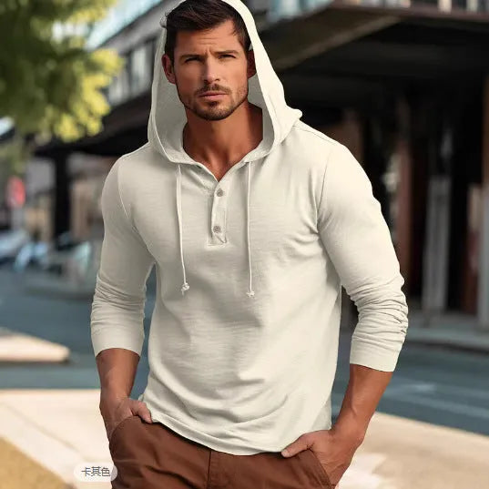 Men's dark blue cotton pullover hoodie with long sleeves laid flat.