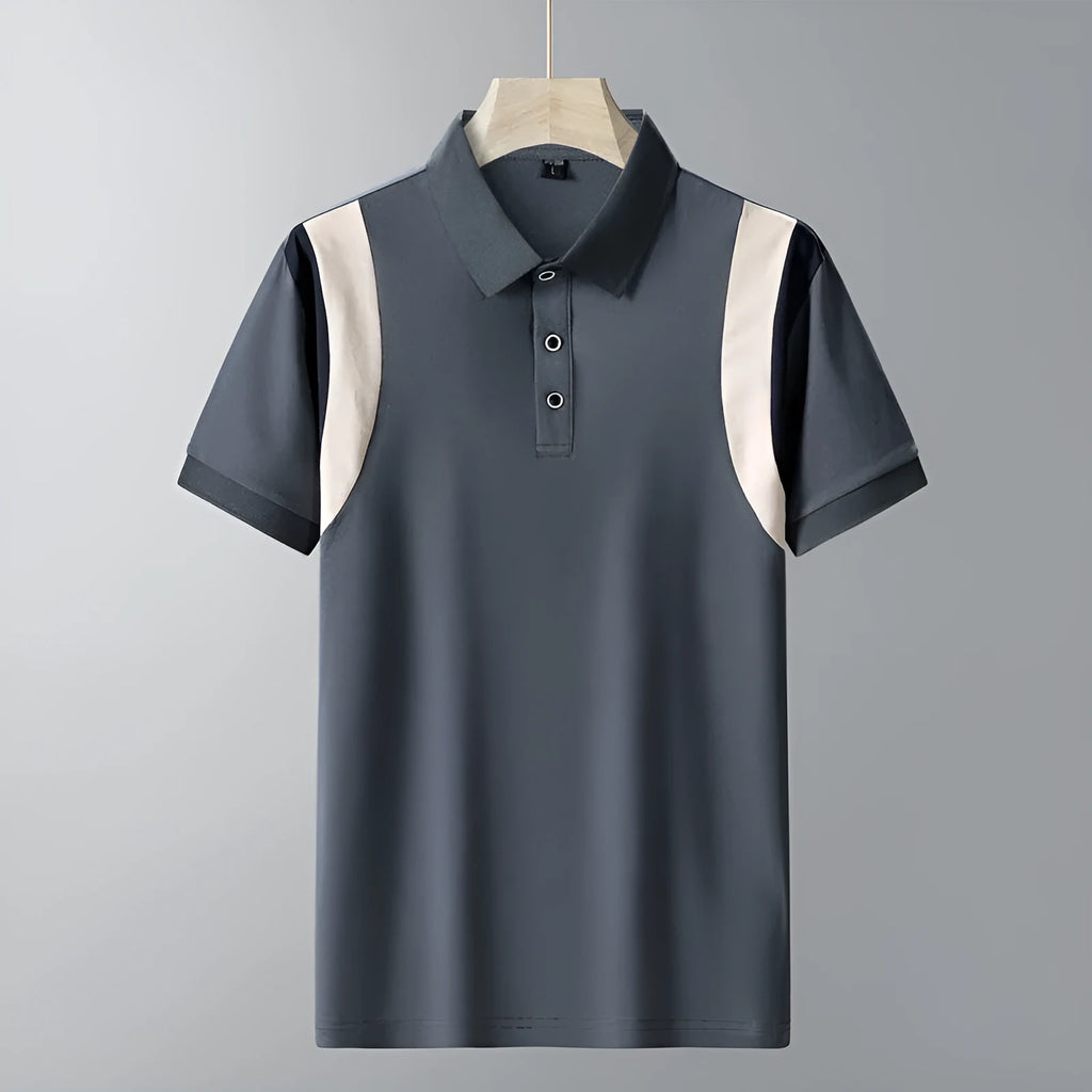 Men's striped cotton short-sleeve T-shirt with a lapel collar in a loose fit.