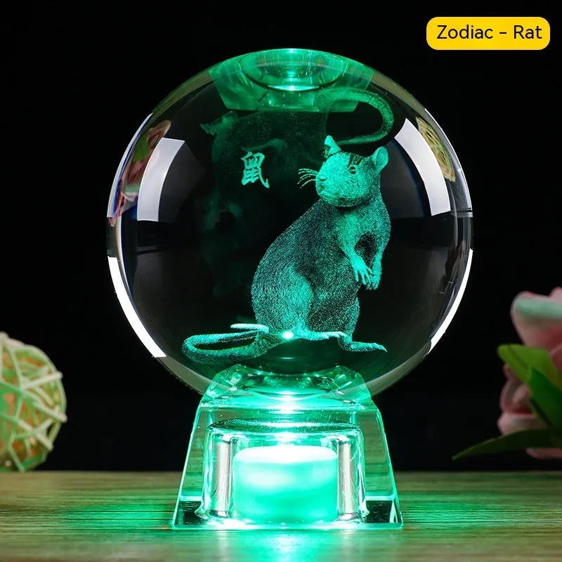 White crystal ball lamp with Chinese zodiac animal figurine on LED electronic base
