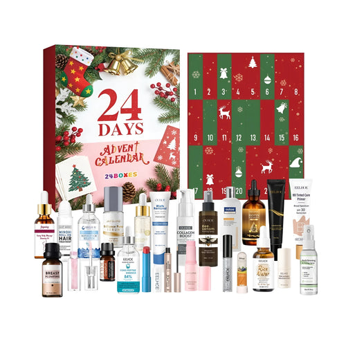 Beauty advent calendar with 24 numbered drawers, festive printed card design, measuring 30 cm high