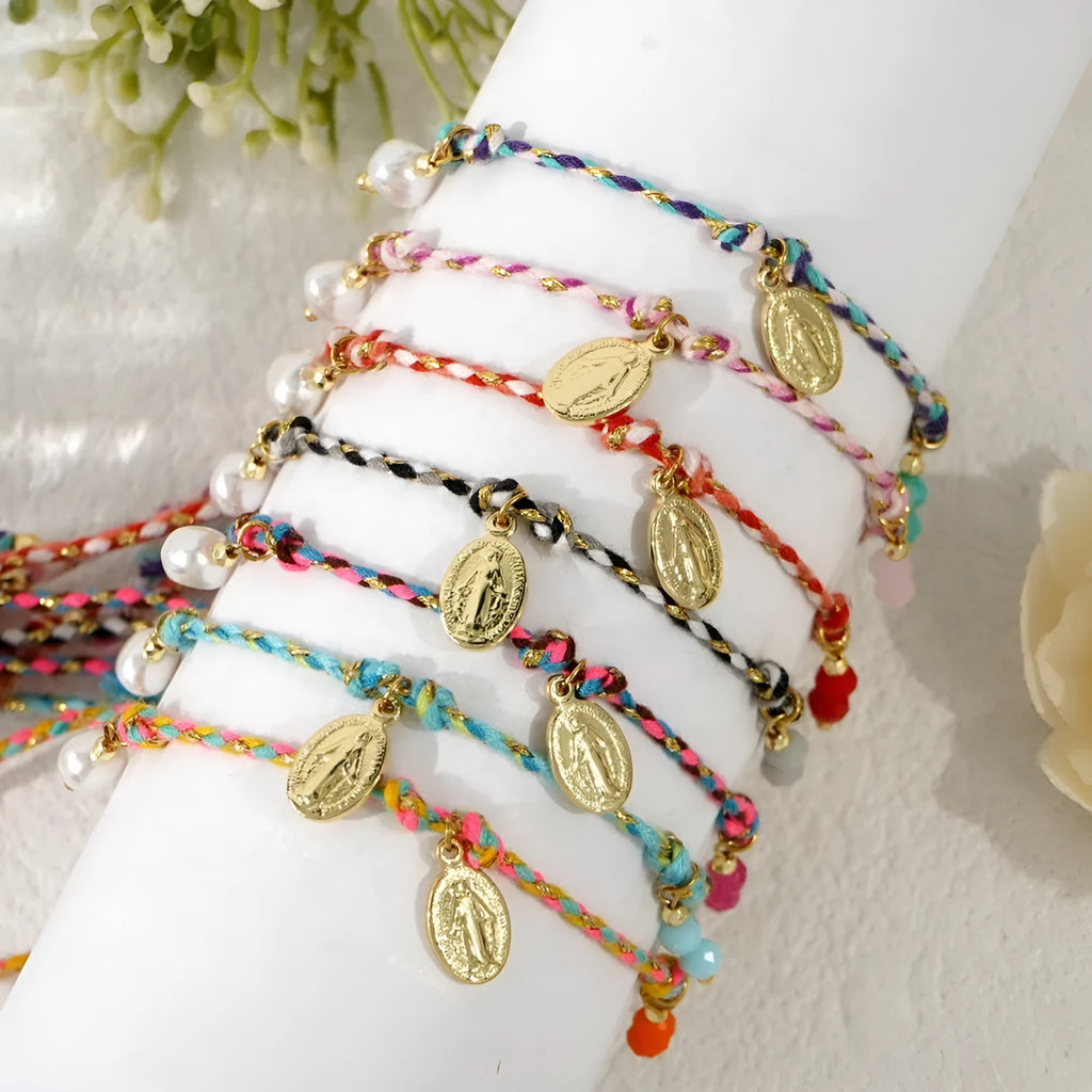 Colourful braided rope woven bracelet with ethnic style carrying strap tag design for women