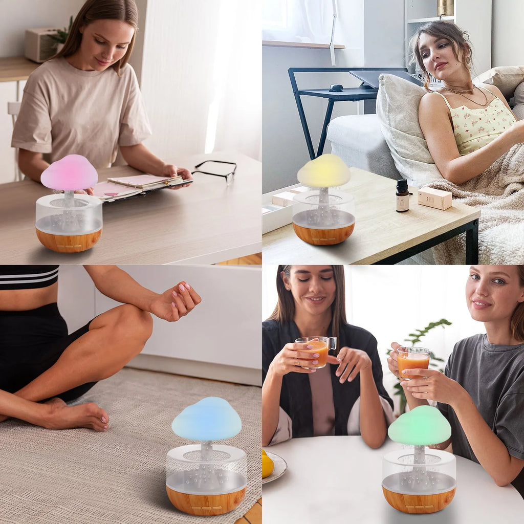 White raining cloud shaped humidifier with coloured LED light and USB cable.