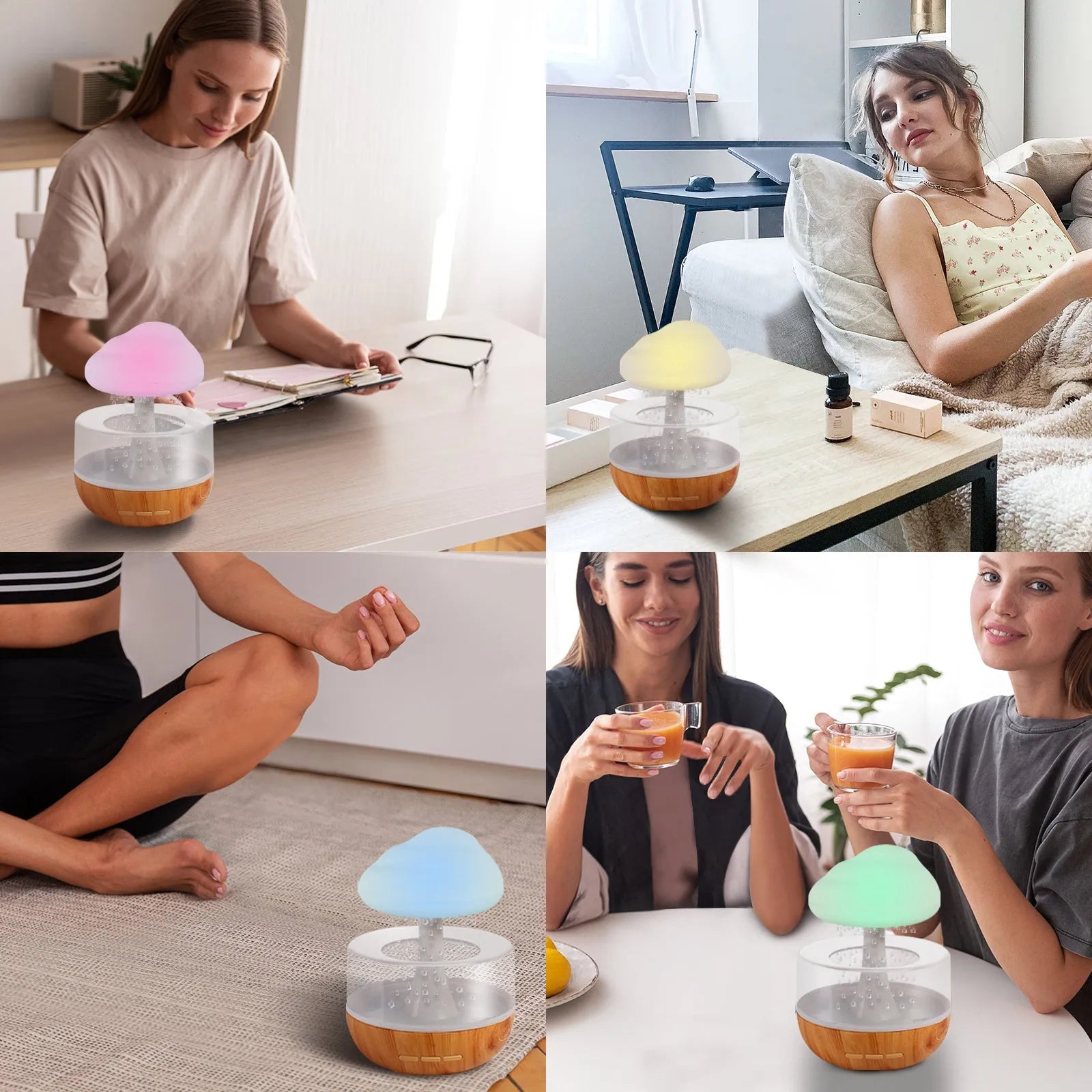 White raining cloud shaped humidifier with coloured LED light and USB cable.