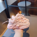 Children's double mesh sneakers in black, pink, or khaki with Velcro straps and rubber sole, sizes 23-37.