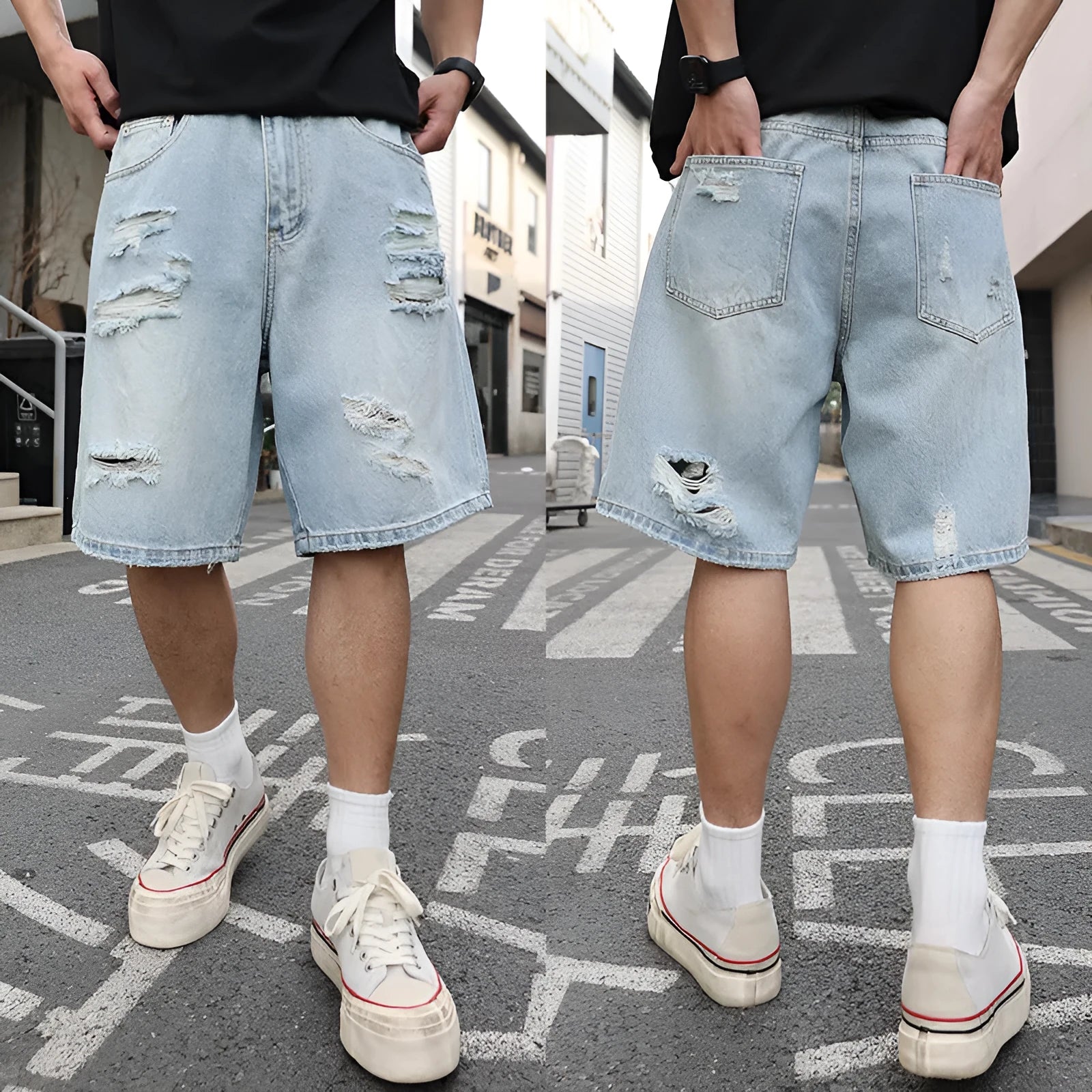 Light blue ripped denim shorts with a distressed wash and loose straight-leg fit on a model.