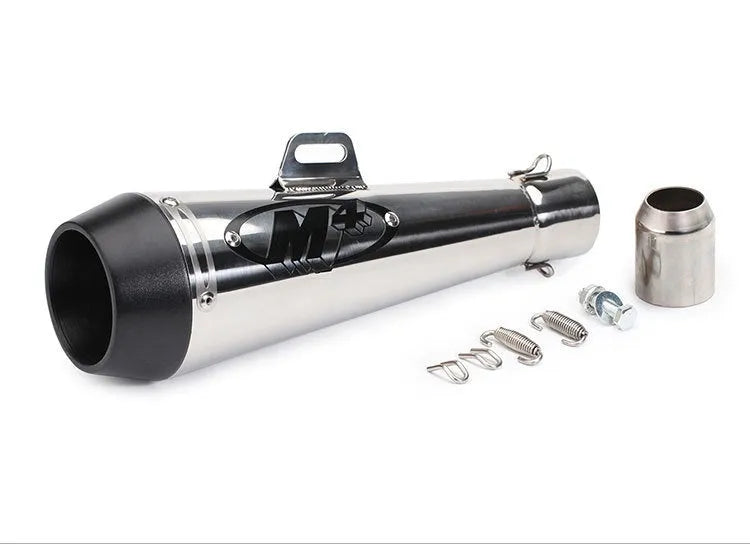 Universal M4 motorcycle exhaust pipe in multiple finish options including black, white steel, titanium and blue