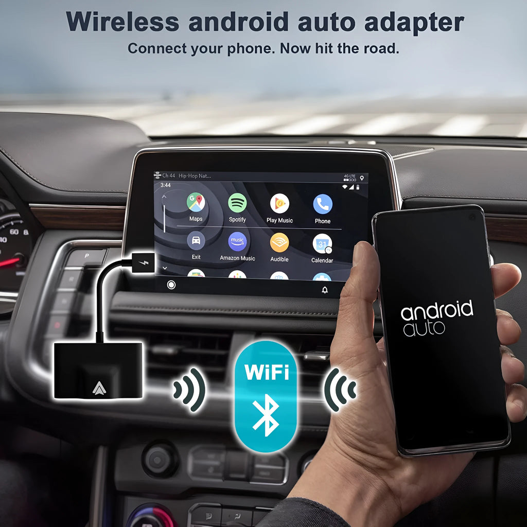 Car wired to wireless Android system adaptor for CARPLAY vehicles in black and white colour variants.