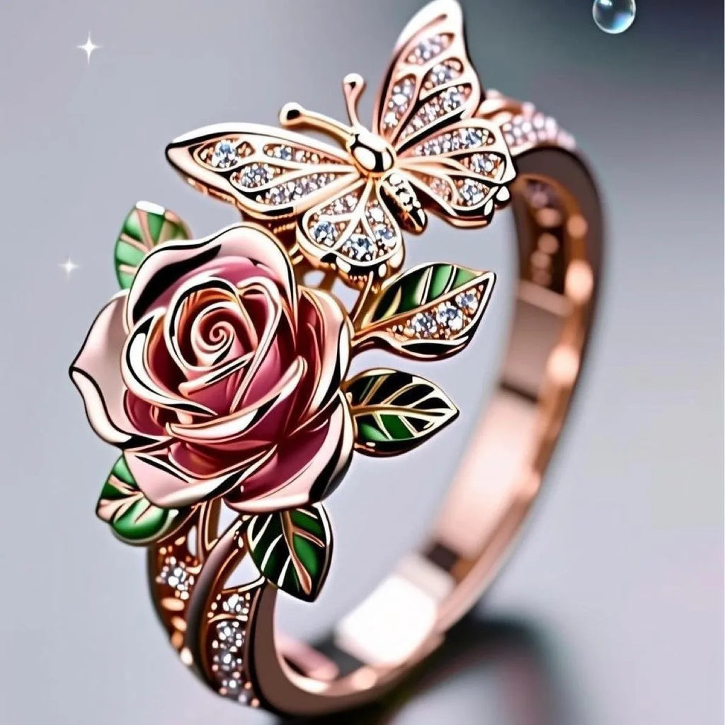 Adjustable fairy style butterfly ring with colourful oil drop centrepiece and leaf design.