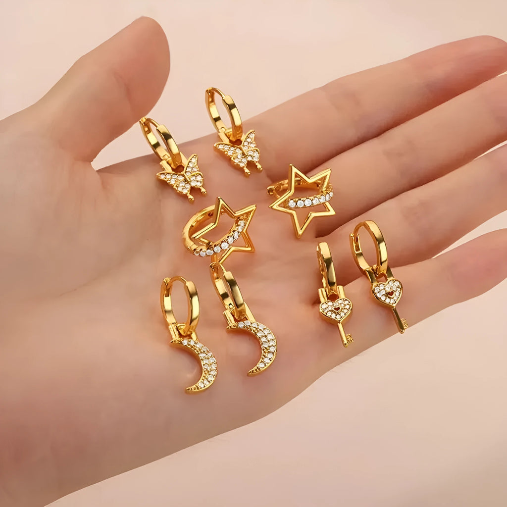 Women's irregular geometric butterfly earrings with copper construction and heart, bow, star elements