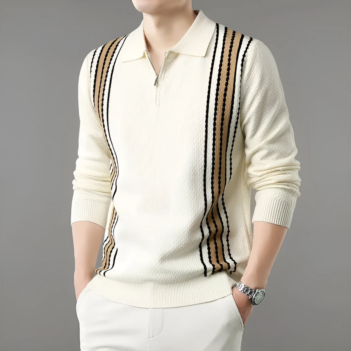 Men's half-zip long sleeve polo sweater in camel yellow with striped colour block pattern and turn-down collar.