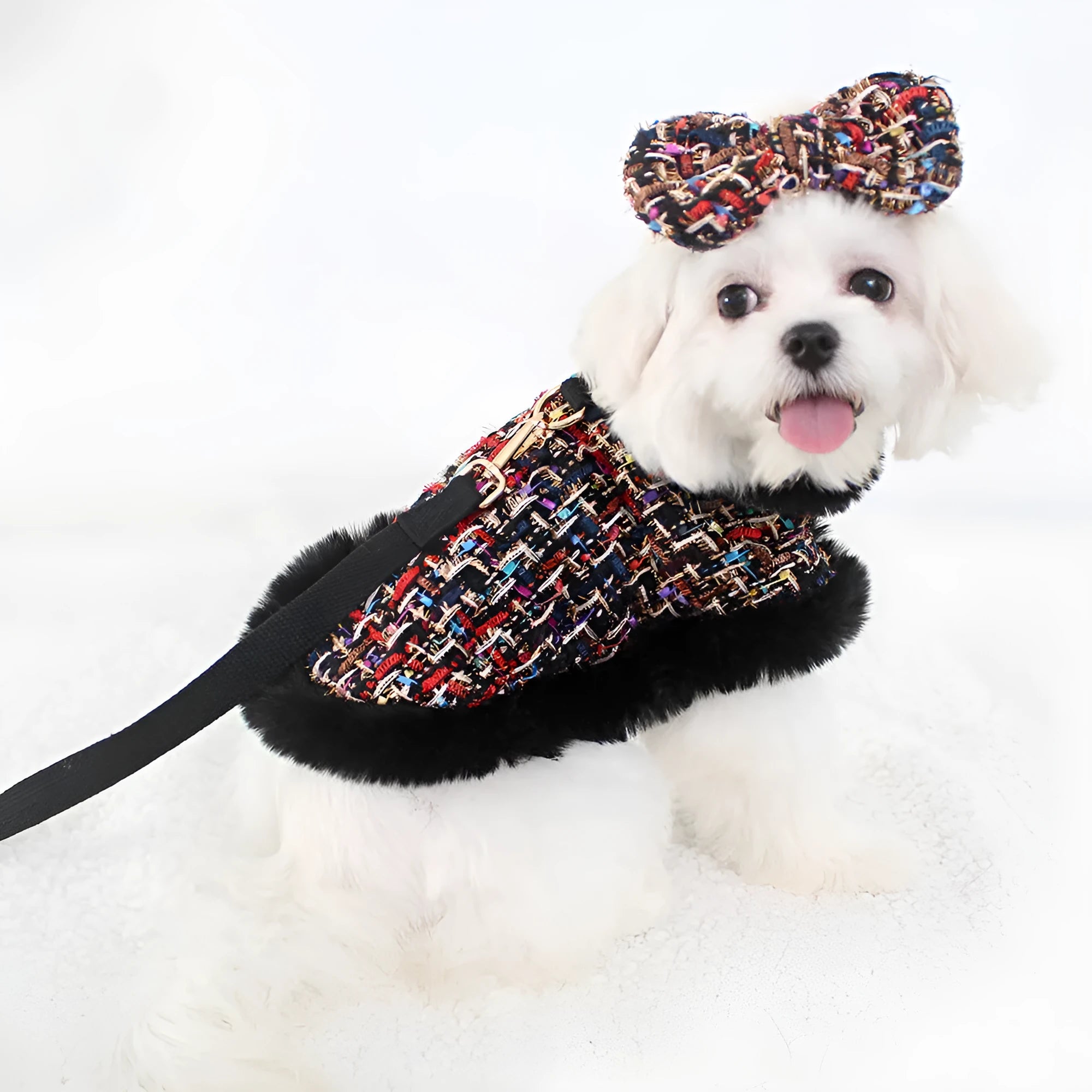 Classic dog walking cloak set with chest strap harness and hand holding rope leash in multiple styles
