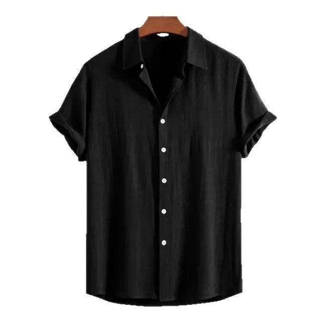 Men's loose black polyester short sleeve casual cardigan on a hanger