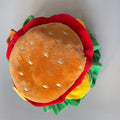 Burger-themed headdress collar for cats on adjustable cone base in three sizes