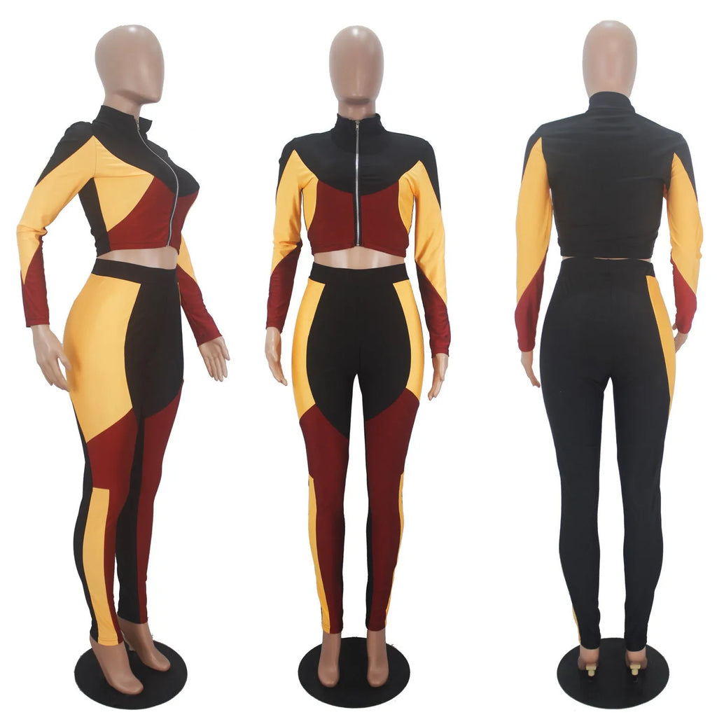 Women's solid colour sports two-piece suit with three-colour stitching, long sleeves, elastic satin fabric