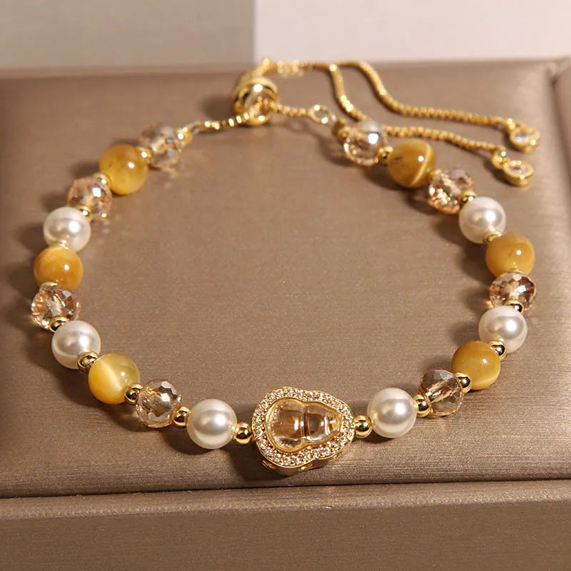 Yellow tiger's eye gourd pendant bracelet for women with glass and alloy inlay, Japanese Korean style, 1 PC.