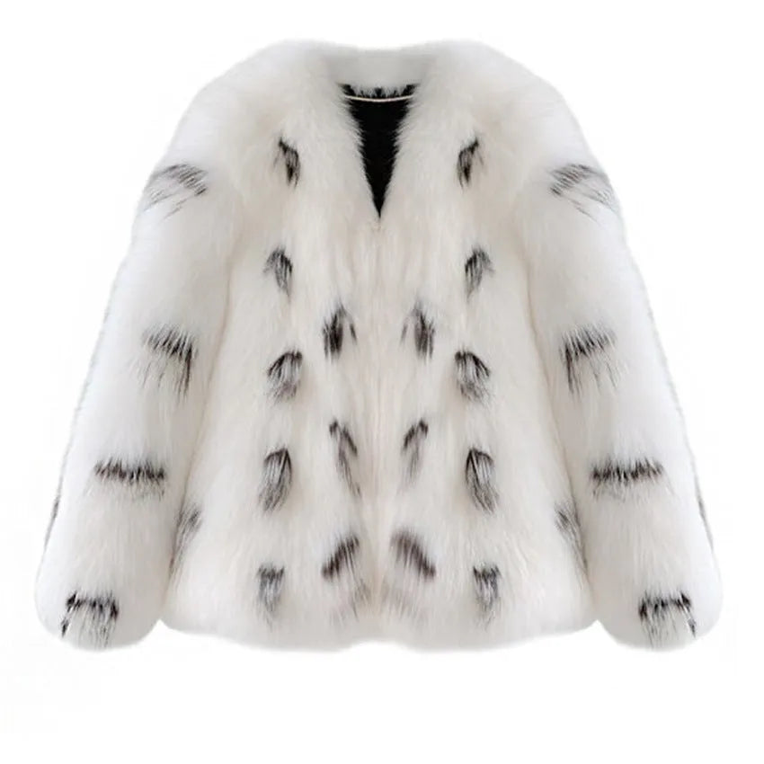 Black and white women's plus size short faux fur coat with regular sleeves on a model.
