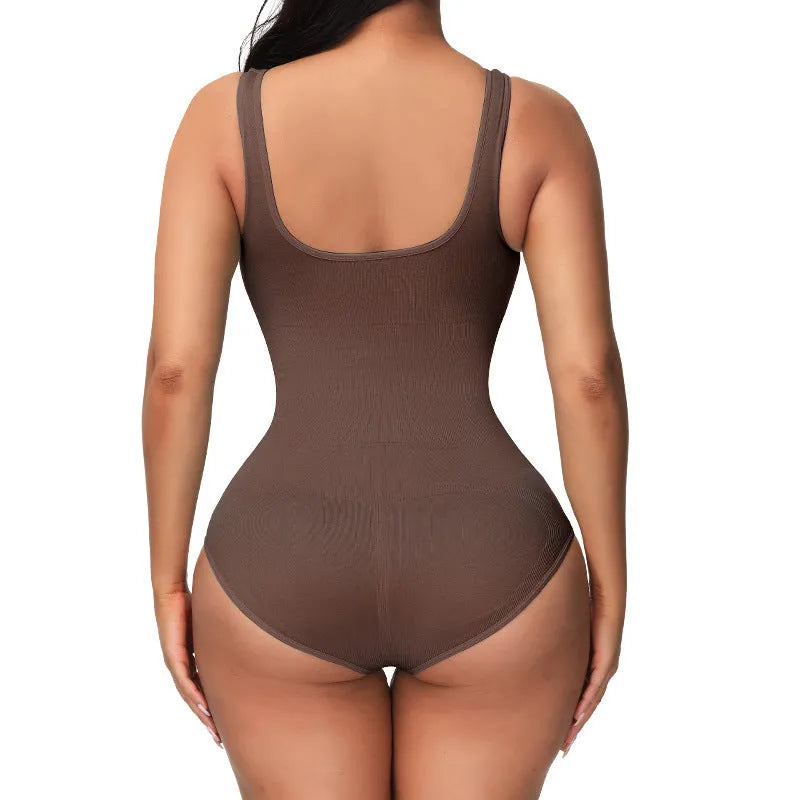 Green seamless nylon bodysuit shapewear for women on a hanger, showing its one-piece waist training design.