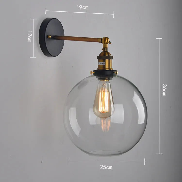 20cm retro spherical glass wall lamp with aluminium holder in transparent, amber, or smoky grey