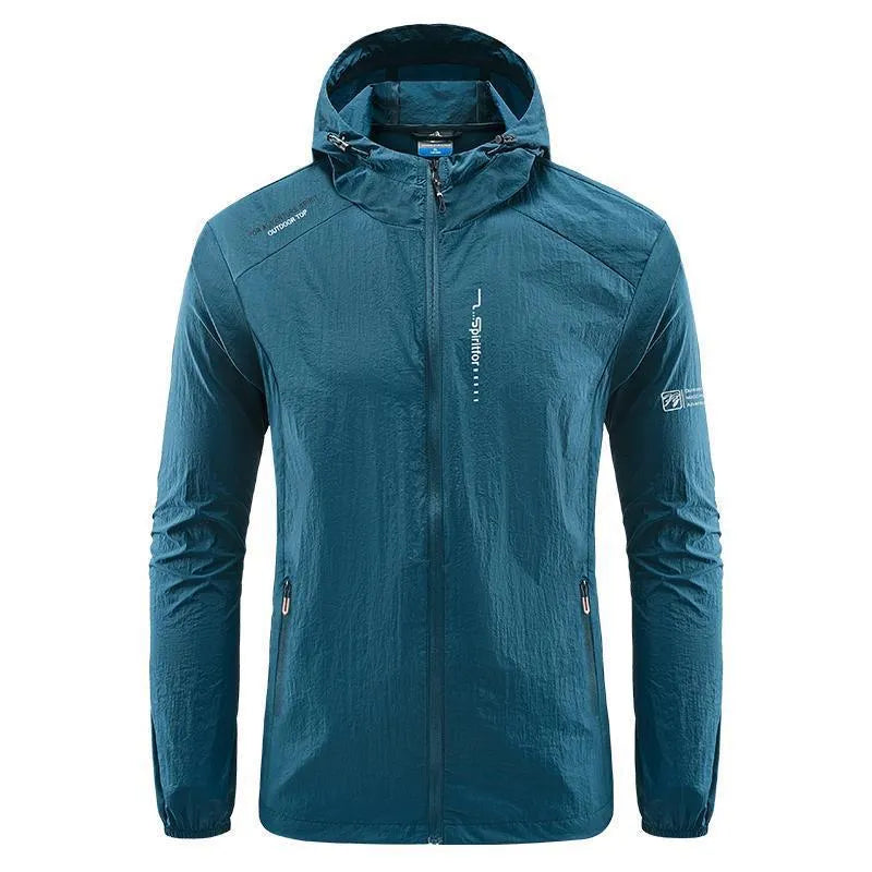 Men's light gray summer hooded jacket with thin nylon fabric and loose fit design