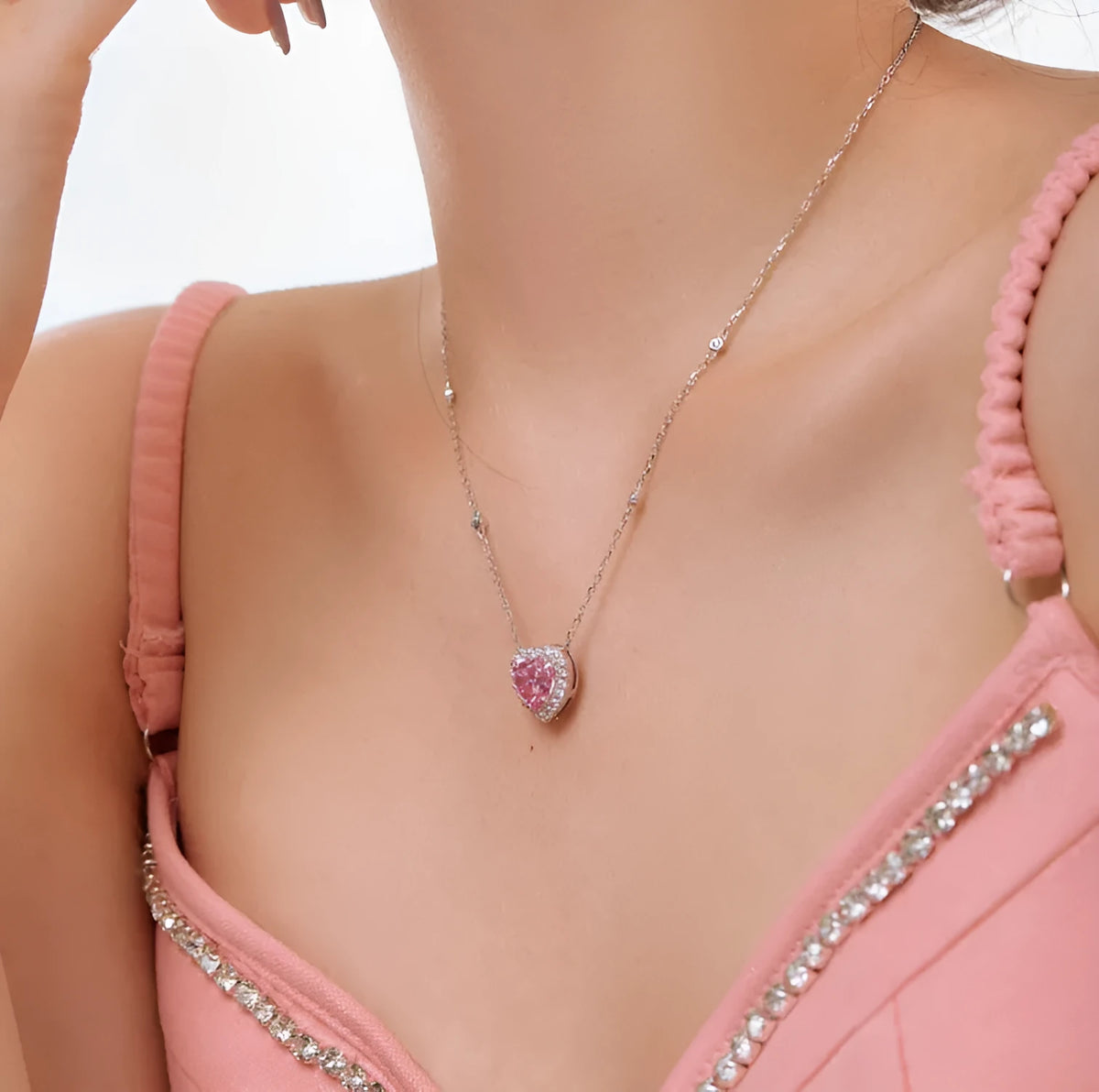 925 silver peach heart zircon necklace with clavicle chain, pink finish, love heart pendant